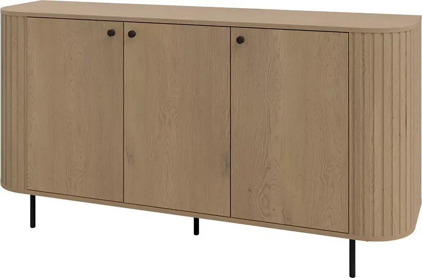 Komoda Opunio 3-drzwiowa z półkami – nowoczesna komoda do salonu beż piaskowy / dąb cremona / dąb dunin, metalowe nogi