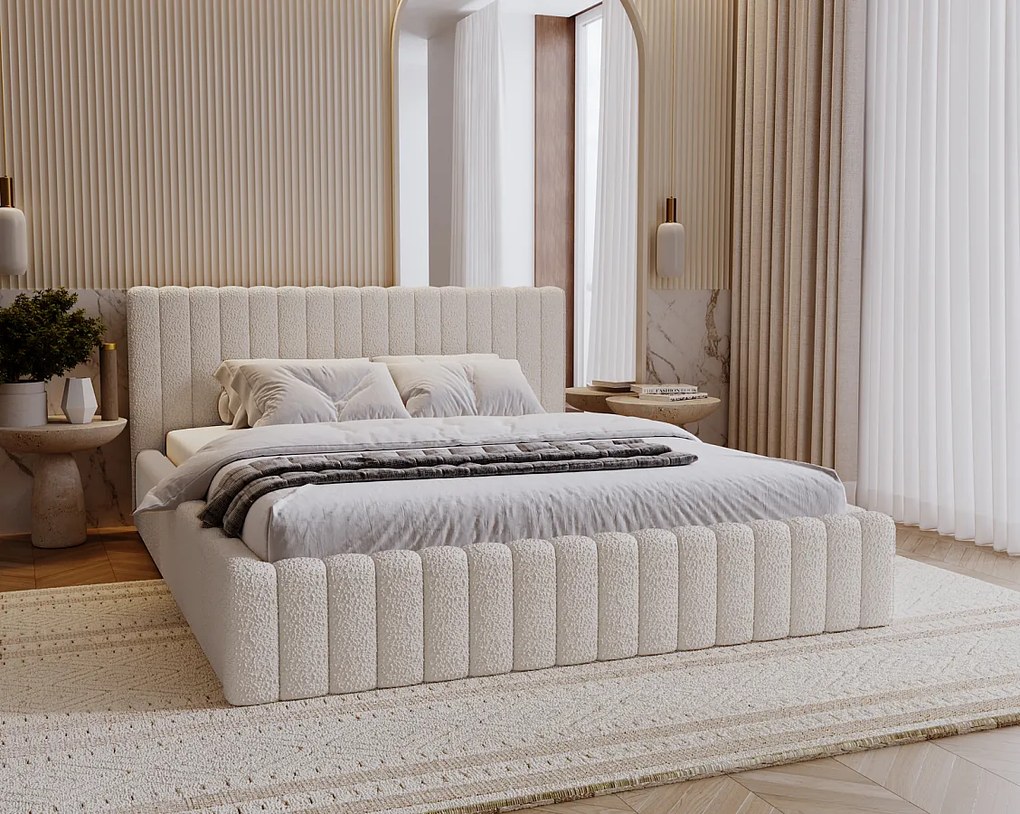 Emporius Billo łóżko tapicerowane 160x200 cm - łóżko dwusobowe, pojemnik i stelażem w zestawie - nowoczesne łóżko 160 x 200 - boucle, łóżko kremowe (Anthology 1)