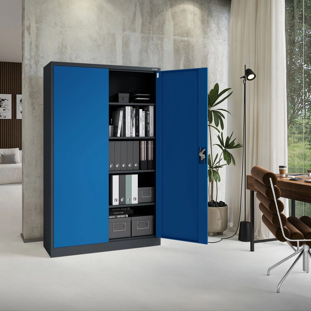 Szafa biurowa metalowa na akta antracytowo-niebieska JAN II, 1150 x 1850 x 400 mm