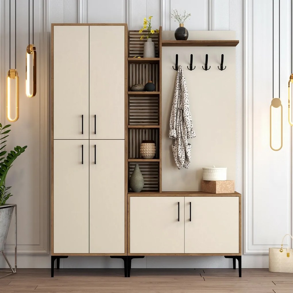 Wieszak z półką na buty, półkami i szafką Viyana Walnut and Cream