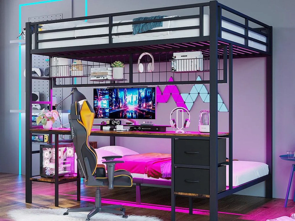 Łóżko piętrowe 140x200 cm - z szufladą - z biurkiem - z oświetleniem LED + USB - czarne (bez materaca)