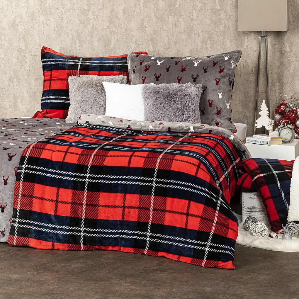 4Home Pościel mikroflanela Krata czerwony, 160 x 200 cm, 70 x 80 cm, 160 x 200 cm, 70 x 80 cm