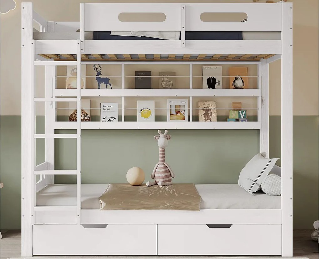 Łóżko piętrowe 90x200 cm - z 2 szufladami - z otwartymi półkami - Drewno lite + MDF - Białe (bez materaca)