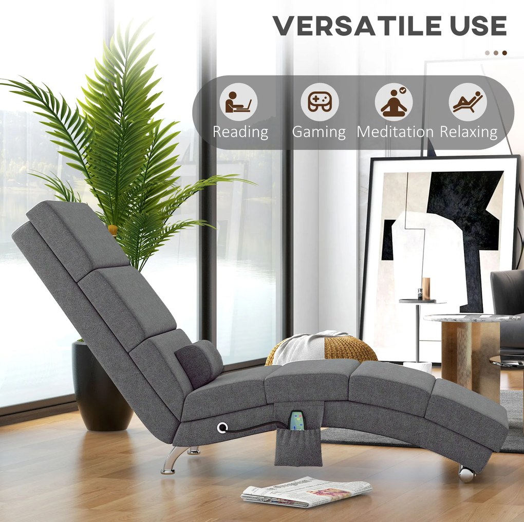 HOMCOM Fotel masujący z funkcją relaksu, leżak z 8 punktami wibracyjnymi, 5 trybów, wymiary 56 x 168 x 84 cm, Ciemnoszary