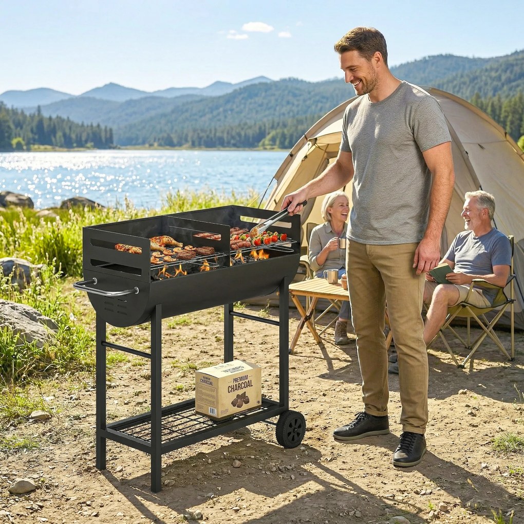 Outsunny Grill na węgiel drzewny z 2 strefami grillowania, regulowany ruszt, półka na drewno, kółka, boczny uchwyt, 103 x 46,5 x 100 cm | Aosom PL