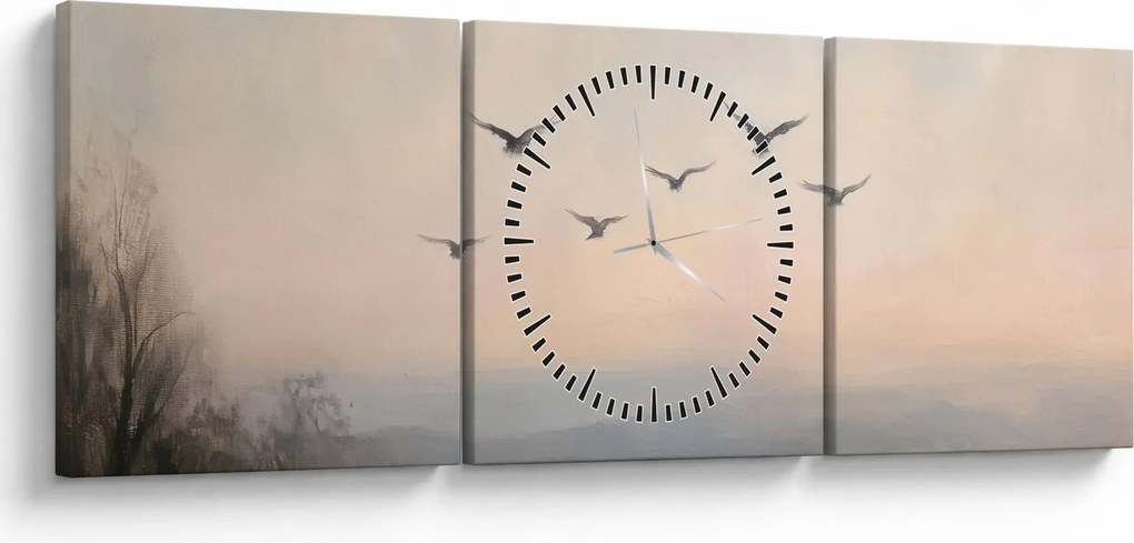 Obraz - Stado ptaków (z zegarem) (90x30 cm)