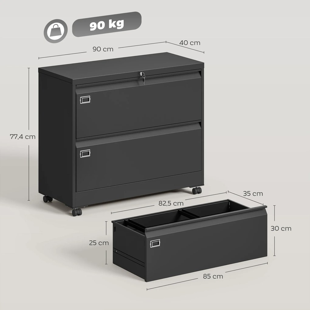 HOMCOM Szafka na dokumenty z 2 szufladami, zamykana, z regulowanym systemem zawieszek na teczki, 90 x 40 x 77,4 cm, czarna | Aosom PL