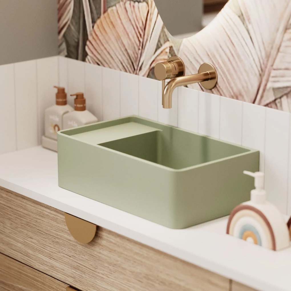 Umywalka z kamienia syntetycznego nablatowa / wisząca prostokątna zielona 43 cm x 25 cm EVELIA Green : Otwór na baterię - Nie, Typ montażu - nablatowa