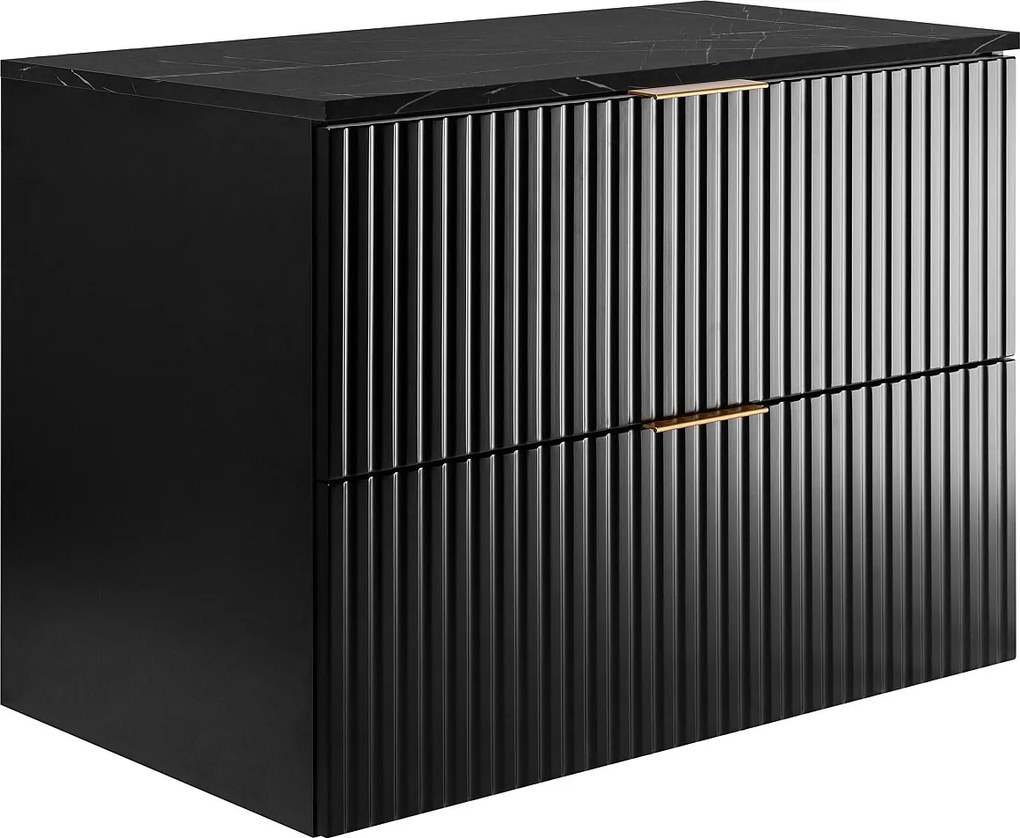 Wandhängender Badezimmerschrank, schwarz / schwarze Marmorarbeitsplatte (MDF), 80 x 57 x 46 cm