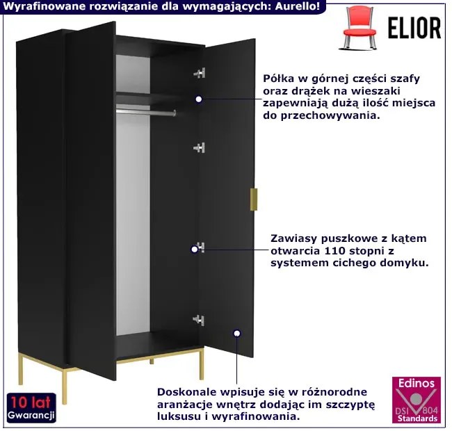 Czarna dwudrzwiowa szafa ze złotym stelażem Gorbi 5X