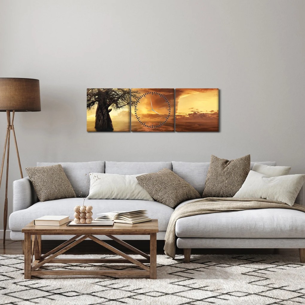 Obraz pomarańczowych chmur (z zegarem) (90x30 cm)