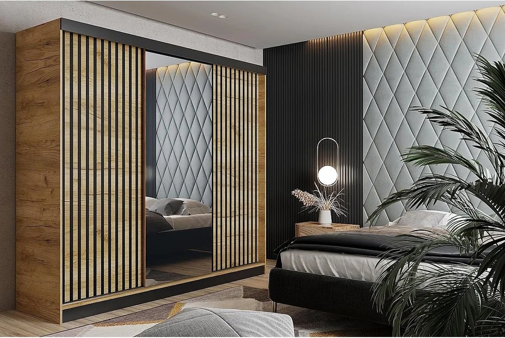 Szafa przesuwna z lustrem lamele MALANI 200 - dąb craft złoty