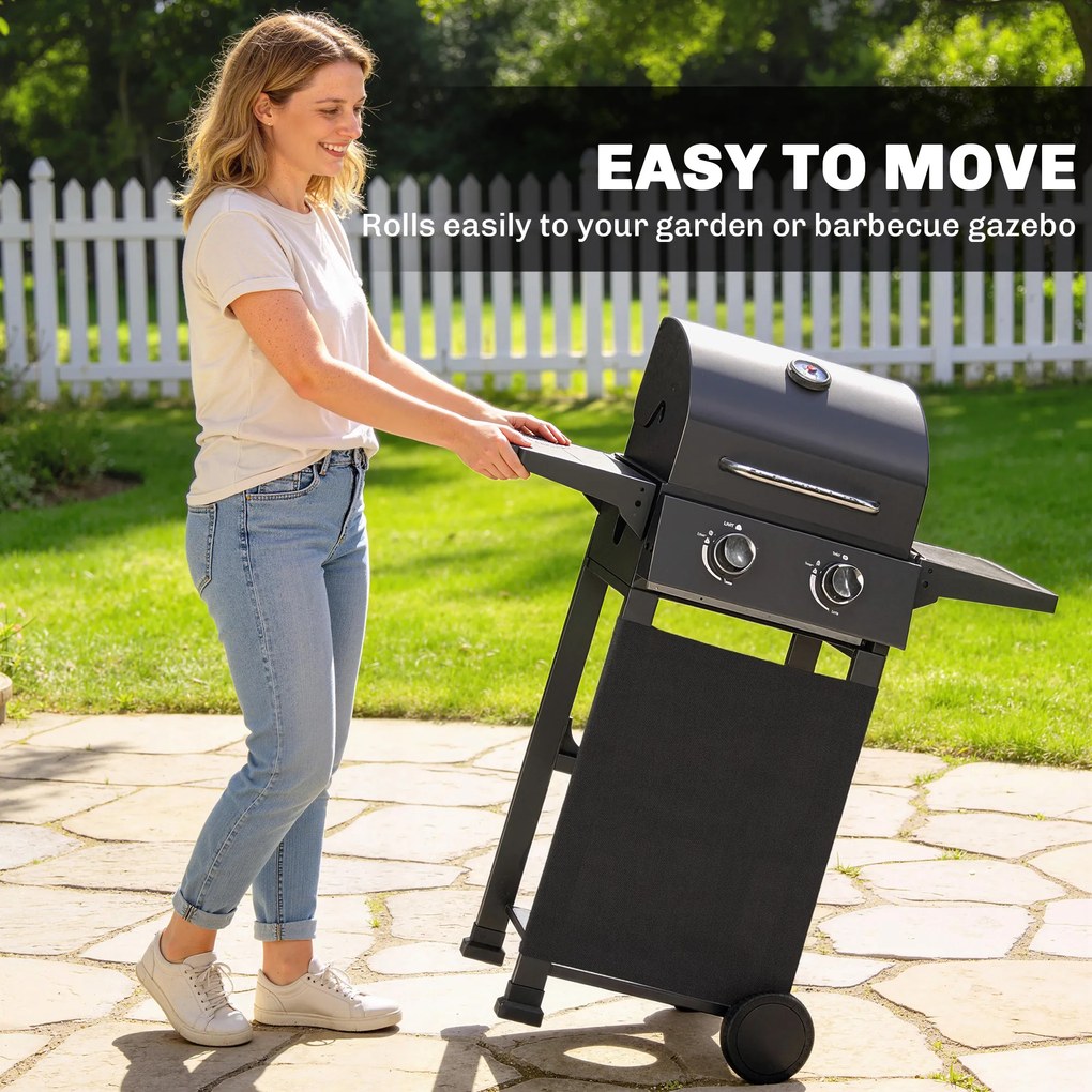 Outsunny Grill gazowy 5,4 kW, 2 palniki, stalowy wózek grillowy z termometrem, chromowany ruszt i półka do podgrzewania | Aosom PL