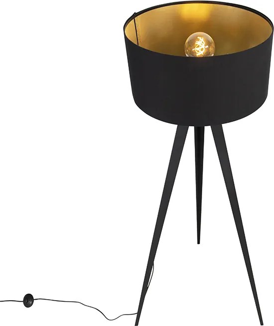 Lampa stojąca czarna z czarnym kloszem i złotym wnętrzem - Ilse