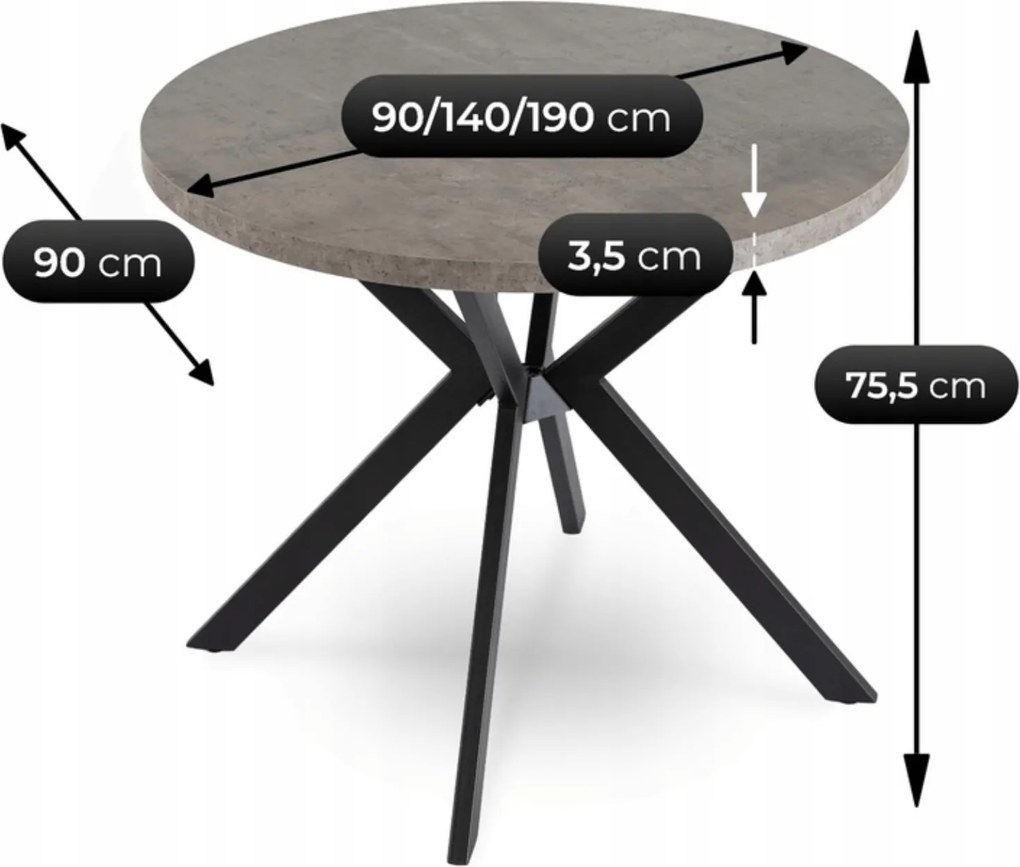 Stół Okrągły Rozkładany LUGO 90-190 cm Beton/Czarny Loft