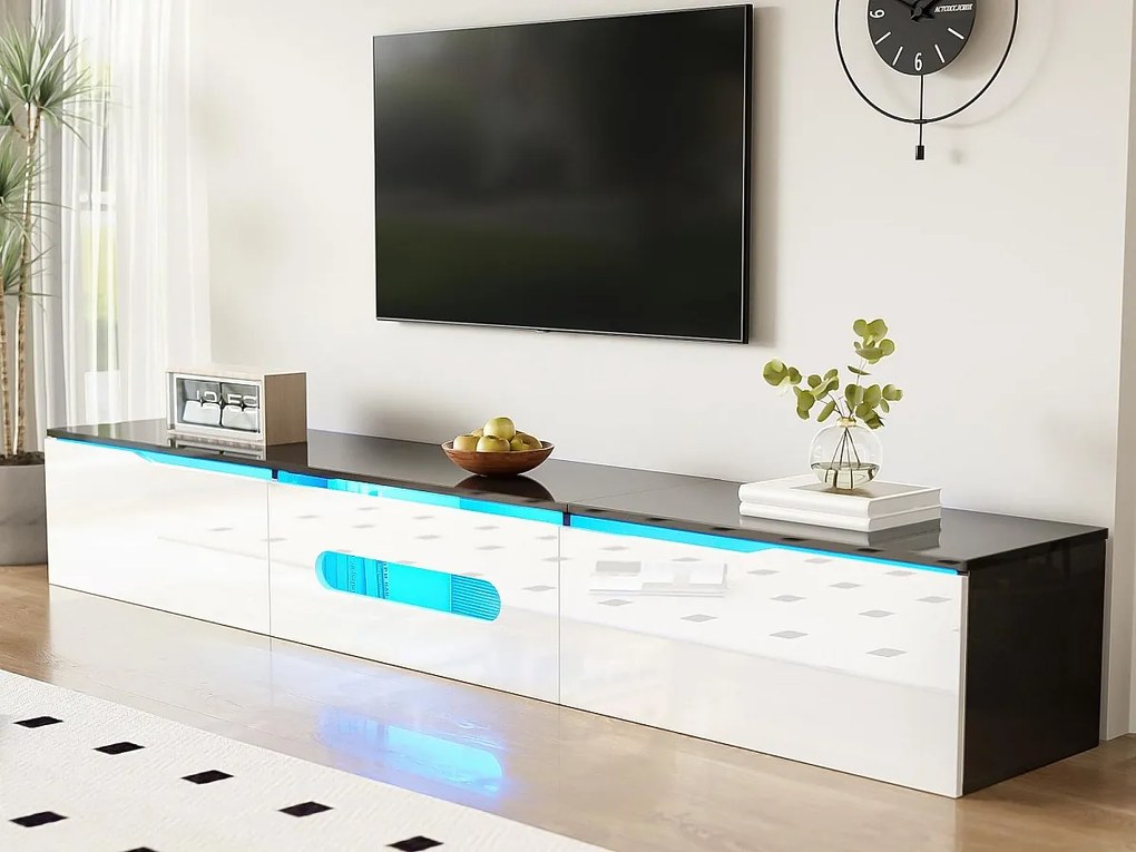 Meble TV 180x35x30cm - wykończenie błyszczące - z oświetleniem LED 16 kolorów - montaż na ścianie - biały + czarny