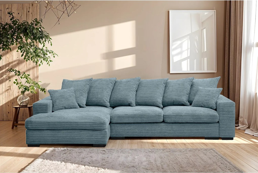 Narożnik z funkcją spania i pojemnikiem, Sofa w kształcie L Gabon L, tkanina Zoom, Jasnoniebieski, Lewy