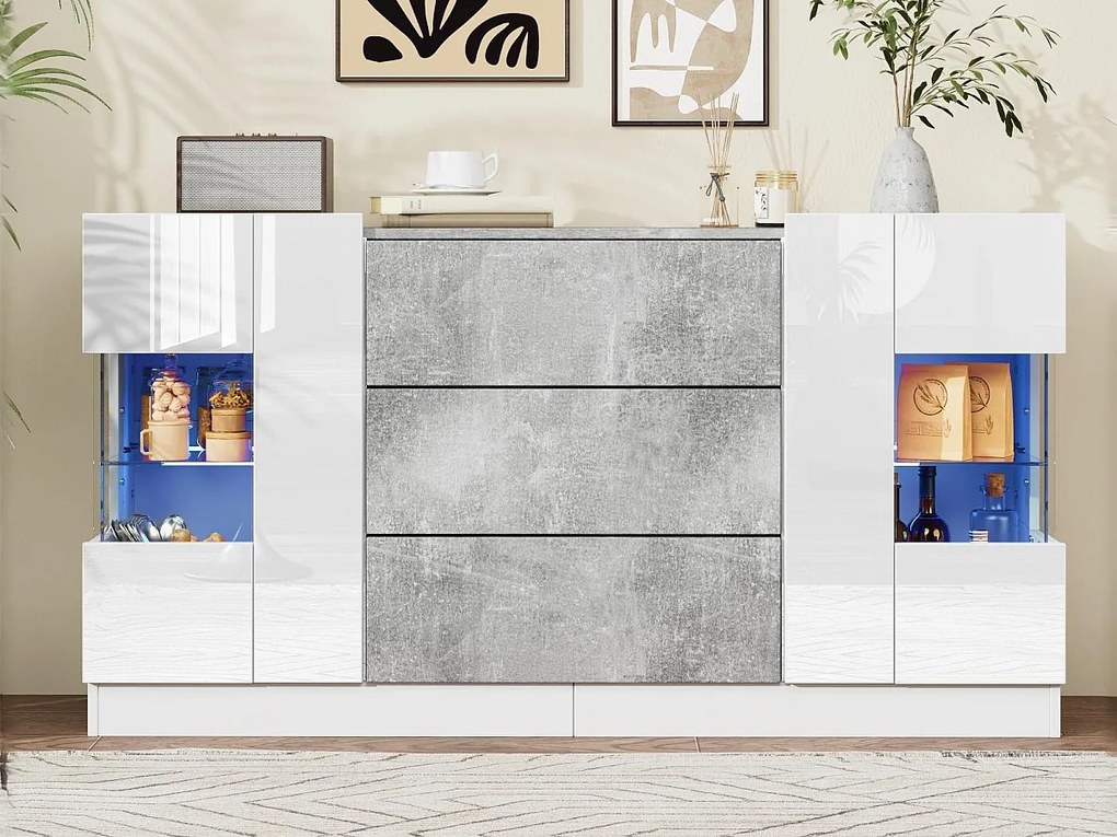 Bufet z LED - 2 drzwi i 3 szuflady - błyszcząca biała fasada i szary marmurowy wygląd - Biały