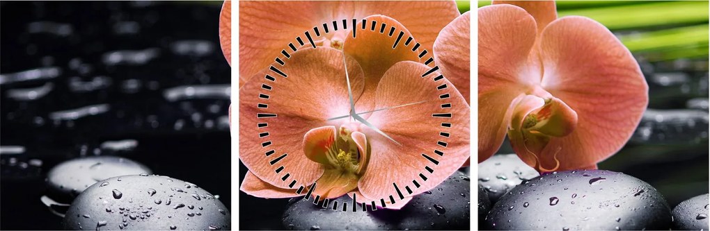 Obraz - Pomarańczowa orchidea z liśćmi palmy (z zegarem) (90x30 cm)
