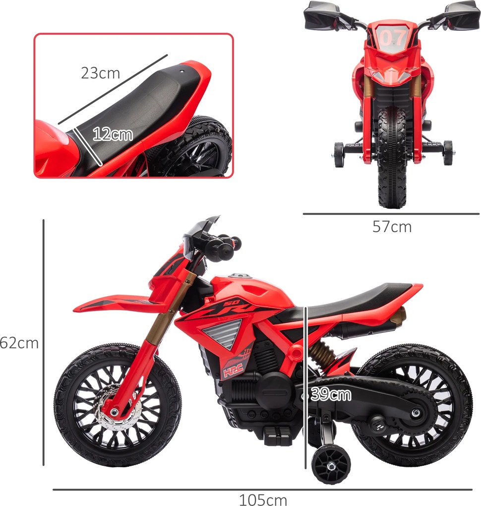 AIYAPLAY Motocykl Elektryczny dla Dzieci, Napęd 6V, Kółka Boczne, Klakson, Dźwięk Startu, 3-8 Lat, Czerwony