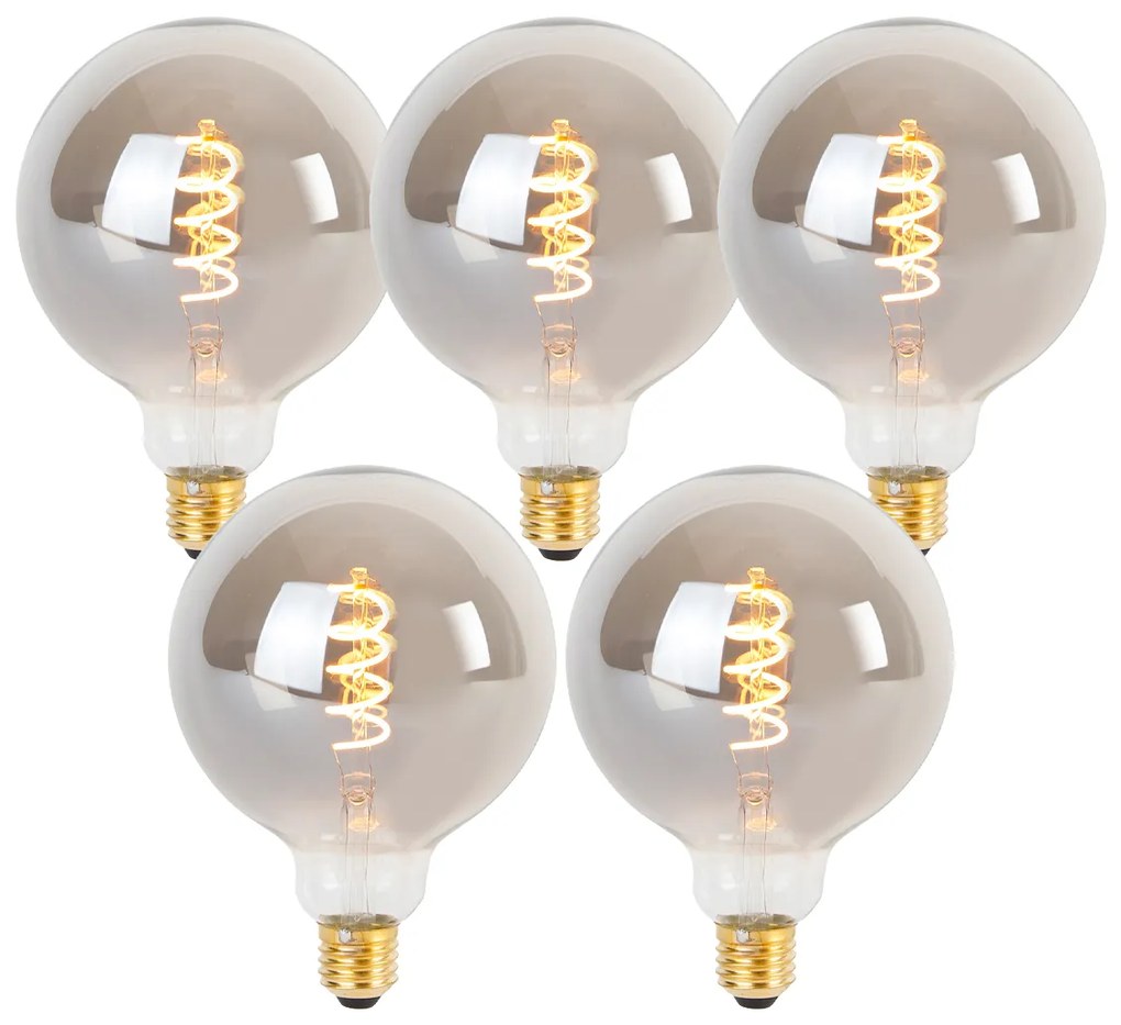 Zestaw 5 żarówek LED E27 z przyciemnianiem, filament skręcony, G125, dymione, 4W, 120lm, 1800K