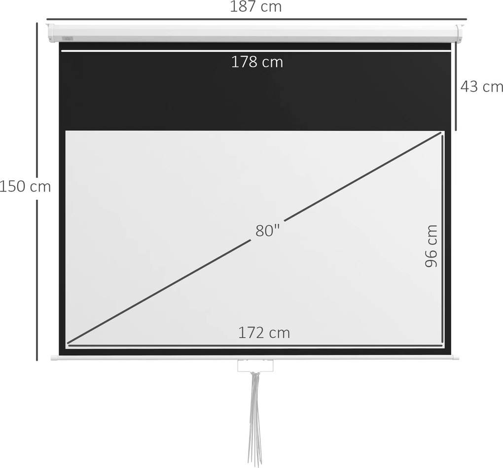 HOMCOM Ekran Projekcyjny, incl. Stojak, Montaż Ścienno-Sufitowy, Proporcje 16:9, 172x96 cm, Biały