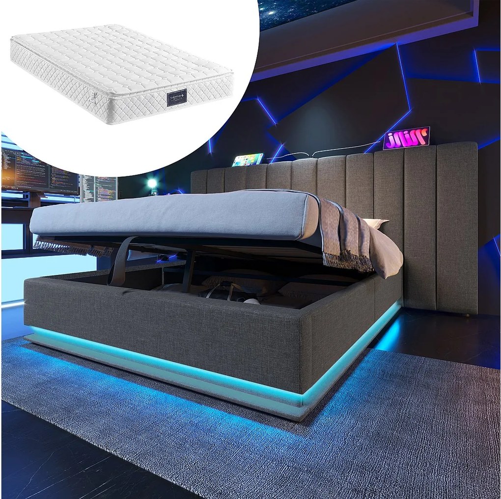Łóżko tapicerowane dwuosobowe ze schowkiem - 160 x 200 cm - zagłówek + materac - Leds + USB - lite drewno i tkanina lniana - Szare