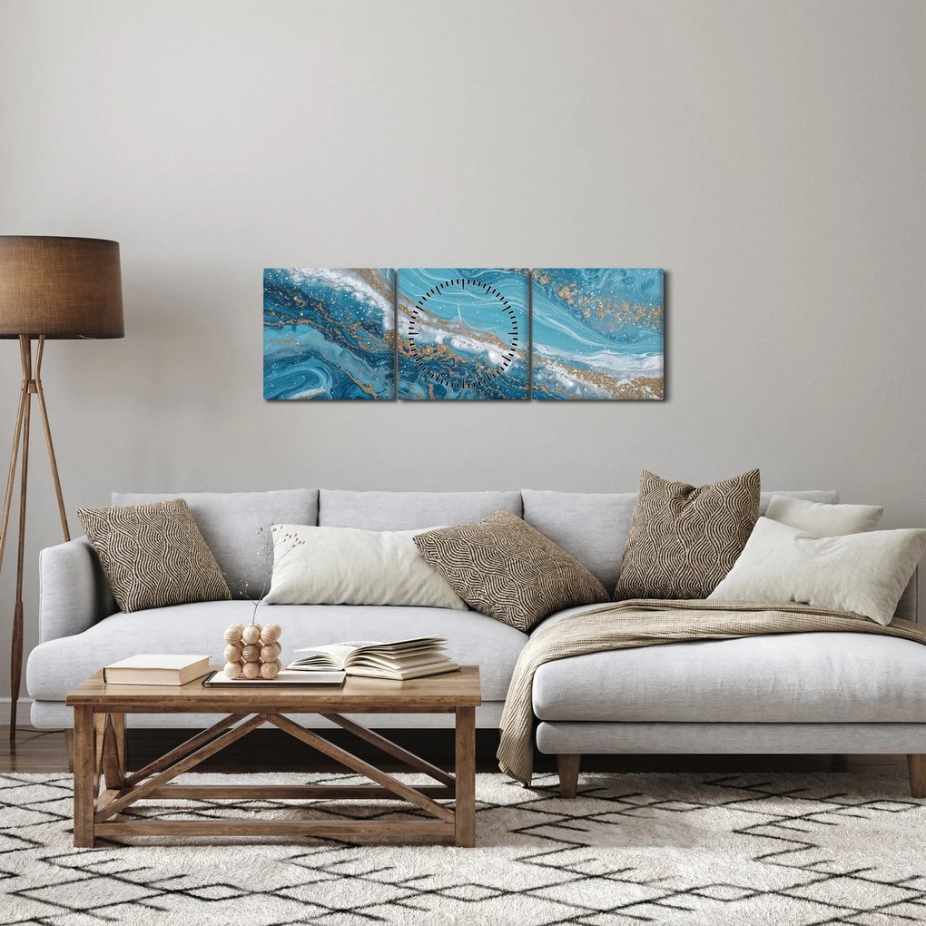 Obraz - Jasnoniebieski marmur ze złotem I. (z zegarem) (90x30 cm)