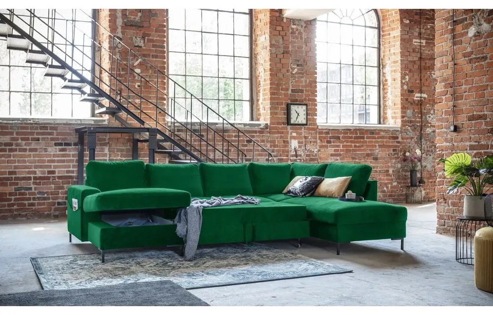 Zielona aksamitna rozkładana sofa w kształcie litery "U" Miuform Lofty Lilly, prawostronna