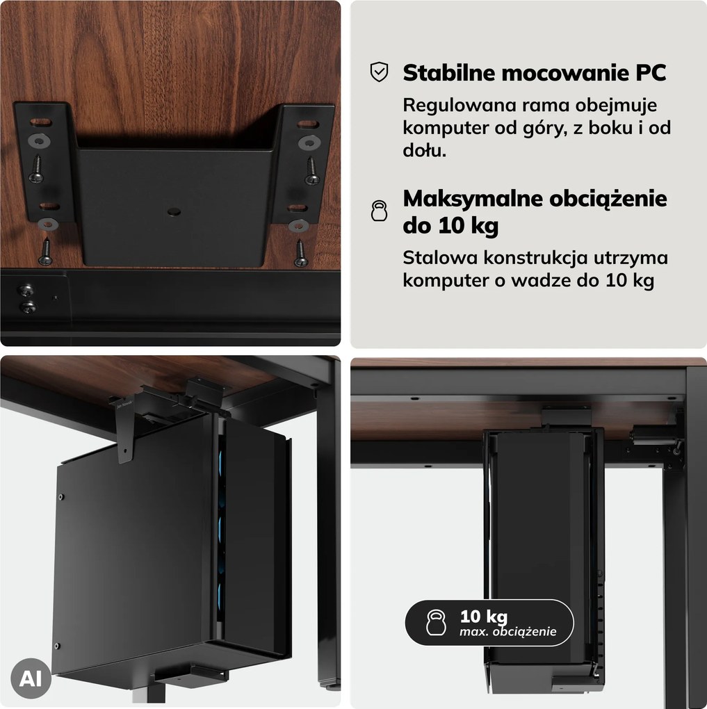 Uchwyt na komputer pod biurko, regulowany, metalowy, czarny: PC HOLDER
