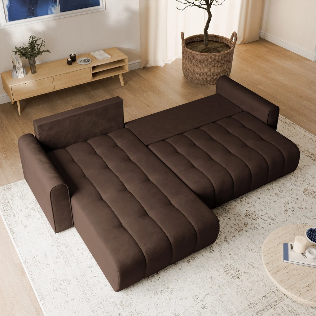 Masseno Narożnik FRIGA z funkcją spania i pojemnikiem na pościel Narozniki L, Rozkładana sofa - Brązowy, MONOLITH 29
