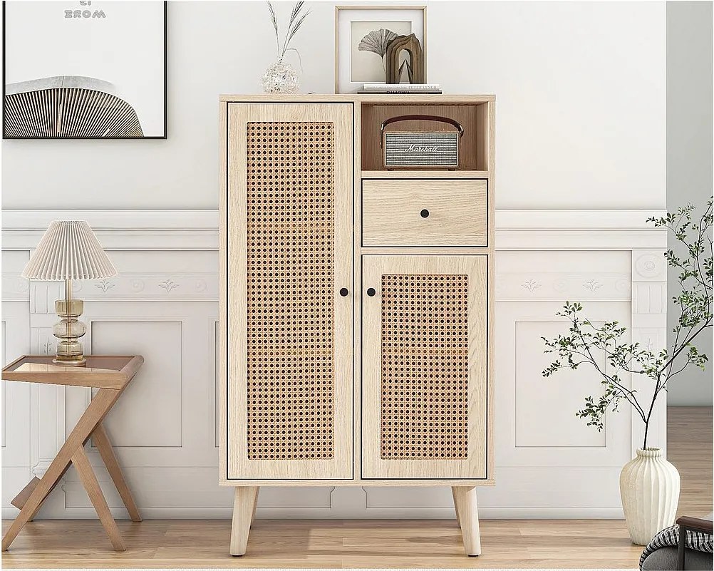 Wysoki bufet - 2 drzwi z rattanu i 1 szuflada - styl wiejski - Naturalny