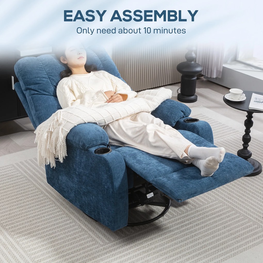 HOMCOM Fotel Relax z podnóżkiem, leżak obrotowy, do 150 kg, konstrukcja stalowa, 88x96x108cm, Granatowy