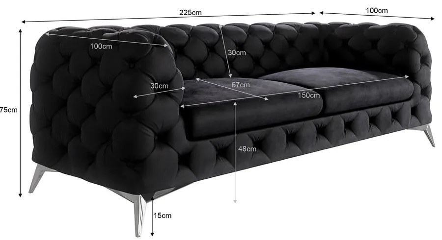 Czarna aksamitna sofa 225 cm Chelsea – Ropez