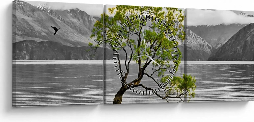 Obraz drzewa na środku jeziora (z zegarem) (90x30 cm)