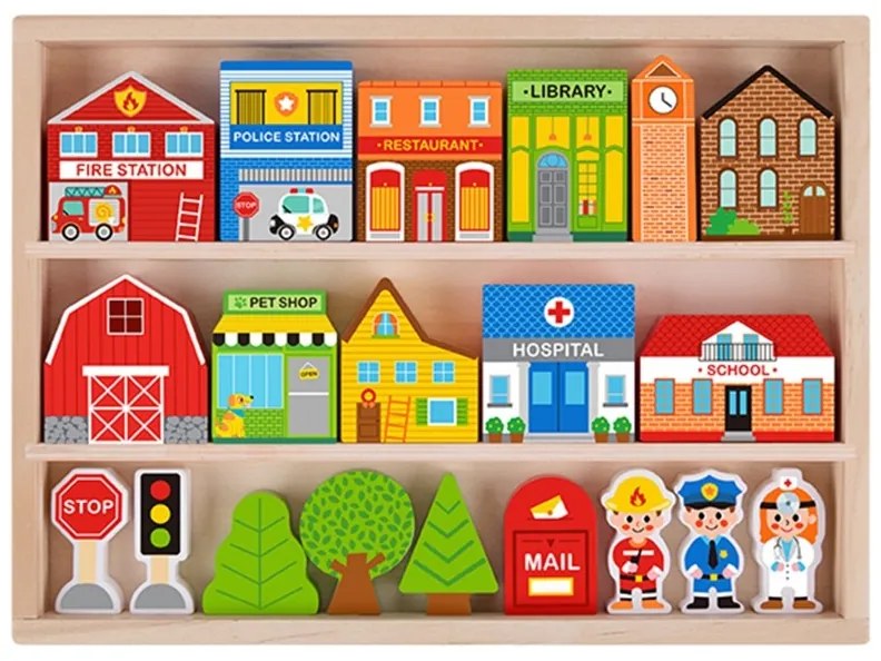 Tooky toy drewniany zestaw budynków i figurek miasto