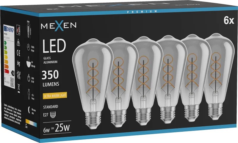 Mexen Vintis 6x żarówka filament spirala LED E27, ST64, 6W, Ciepła - 2200K, 350 lm, smoke - L162-E27-0622-70x06