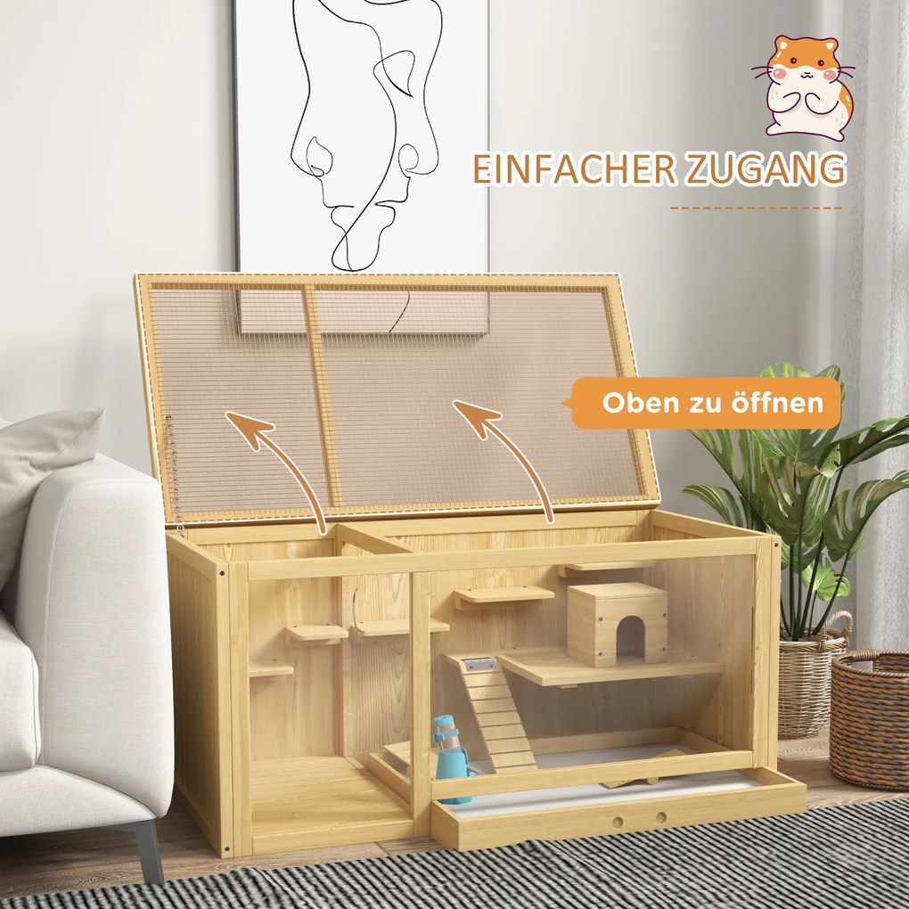 PawHut Klatka dla małych zwierząt z drewna świerkowego z akcesoriami i poidełkiem 100x50x50 cm naturalna | Aosom PL