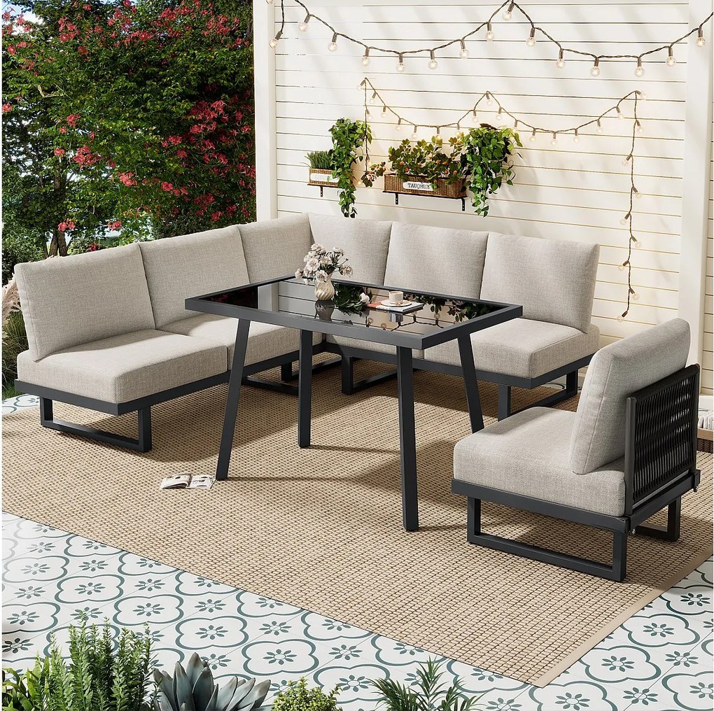 Zestaw mebli ogrodowych modułowych 5-osobowy - narożnik + stolik + poduszki - metal - szaro-beżowy