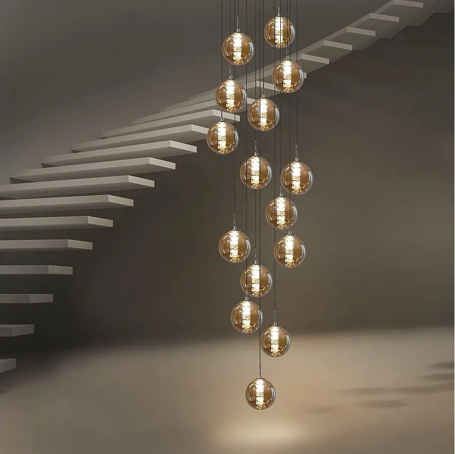 NETTLIFE Nowoczesna bursztynowa lampa wisząca ze szkła o średnicy 41 cm G9 Żyrandol schodowy z regulacją wysokości 15 żarówek Żyrandol do