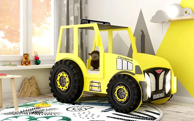 Żółte łóżko traktor dla dziecka z materacem N3-Z19