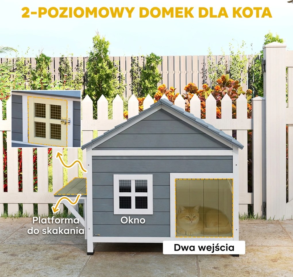 PawHut Domek dla kotów z drewna 2-poziomowa kryjówka z wodoodpornym, otwieranym dachem, boczną platformą, 101x72,5x81cm, Szary | Aosom PL