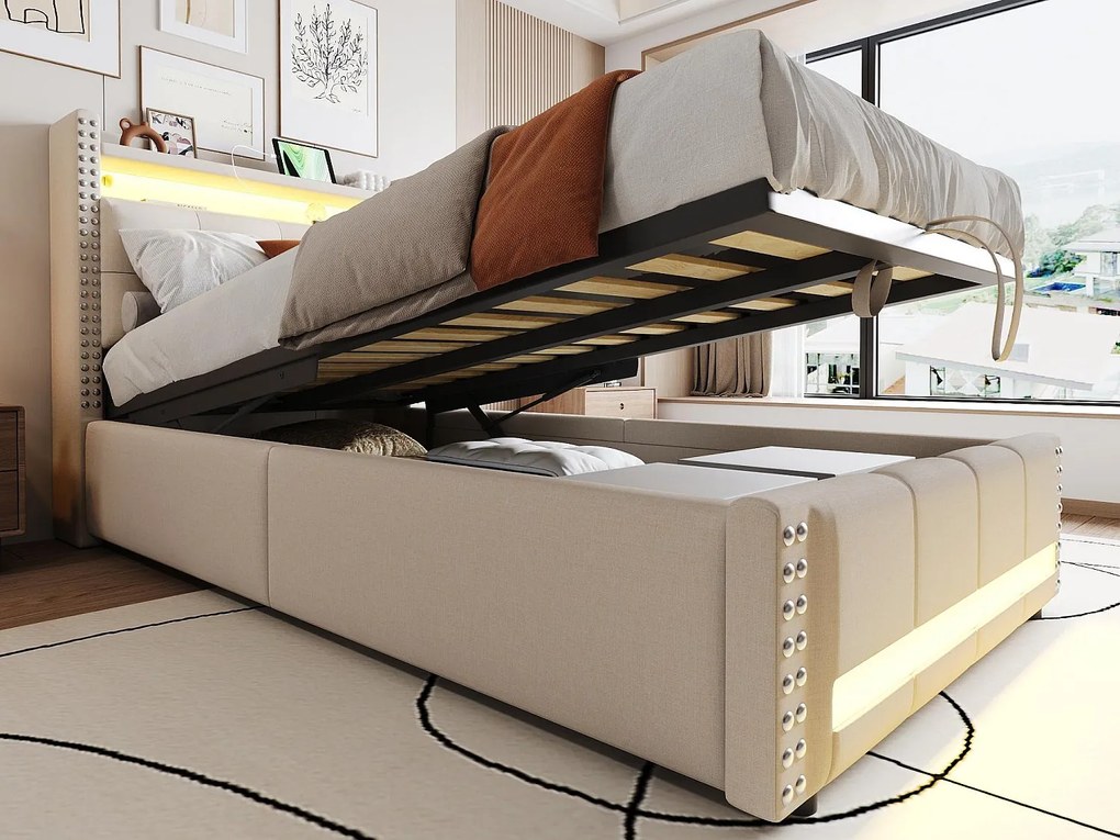 Miękko wyściełane łóżko ze schowkiem 90x200 cm - z oświetleniem LED - z portem USB - len - beżowe (materac nie wliczony w cenę)