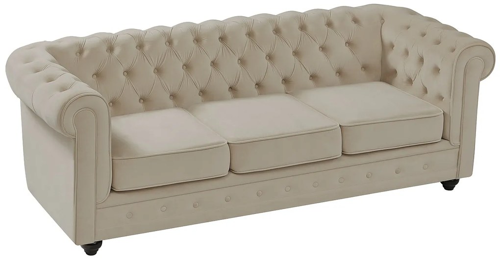 Kanapa 3-osobowa z beżowego weluru - CHESTERFIELD