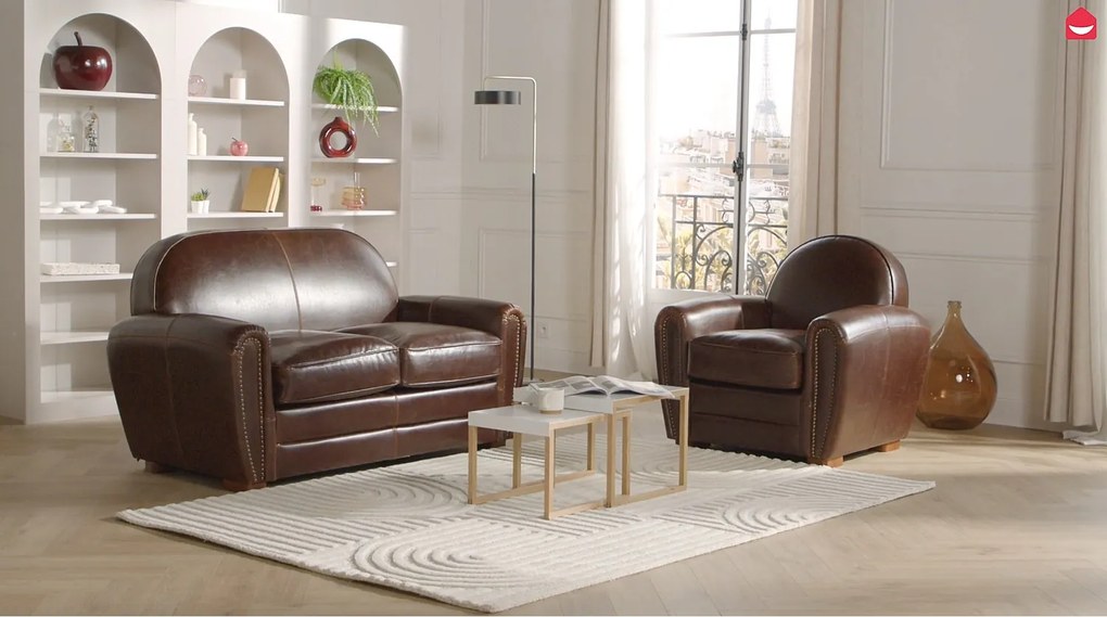 Kanapa i fotel BAUDOIN z postarzanej skóry - Kolor: brązowy