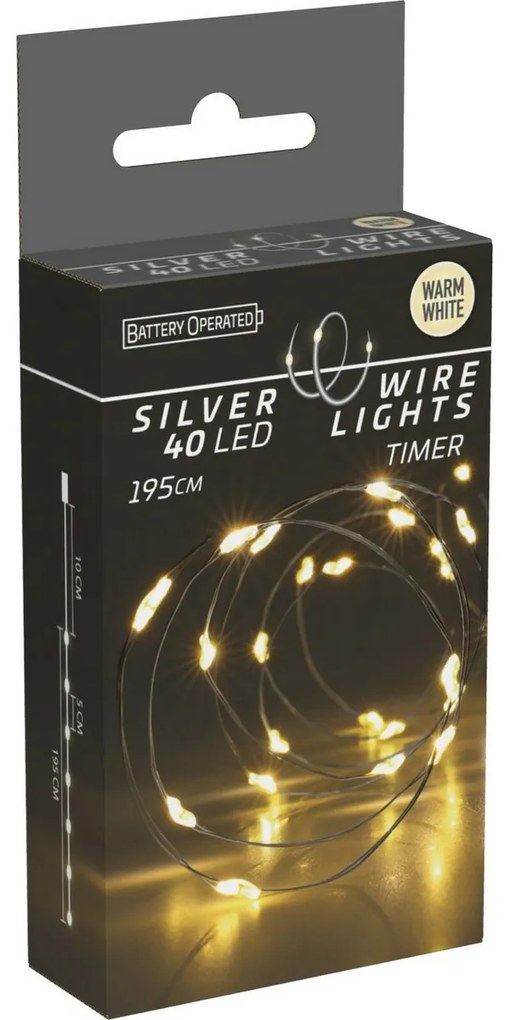 Drut świetlny Silver, 2 m, 40 diod LED, ciepła biała, timer, na baterie