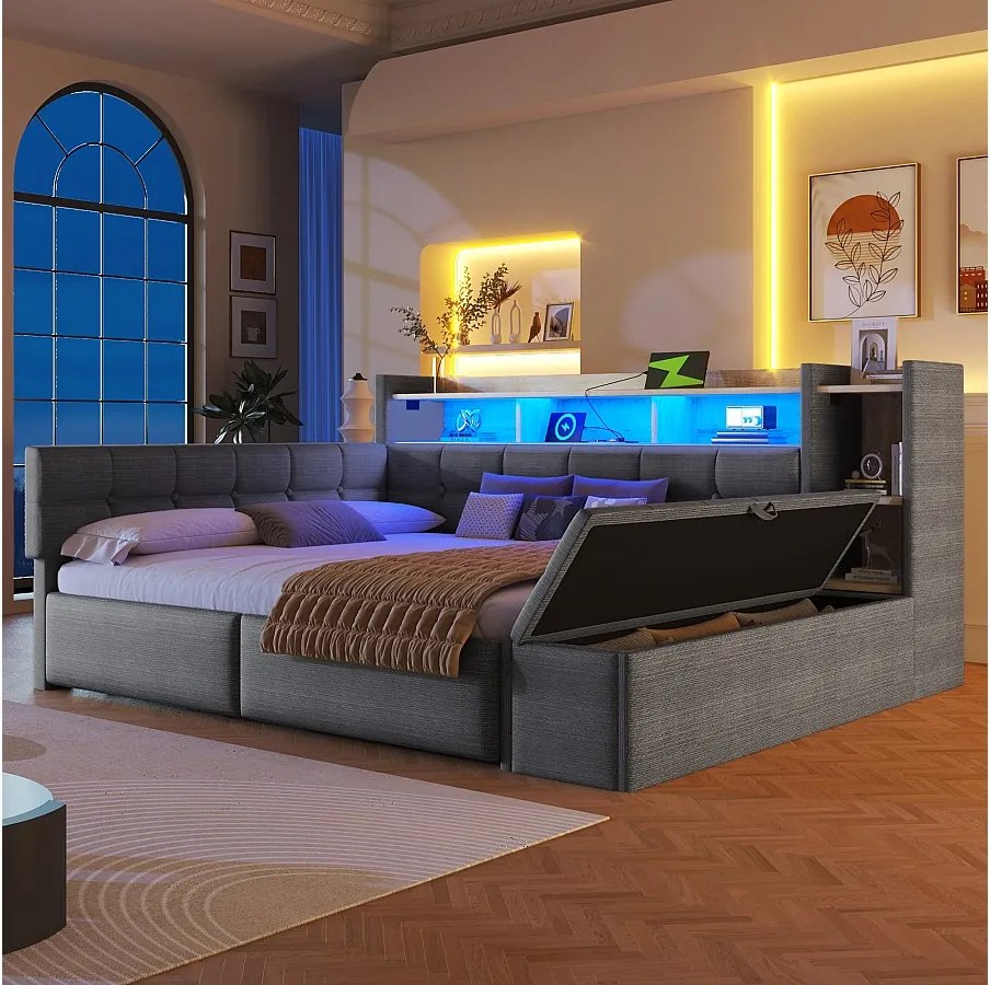 Sofa dziecięca rozkładana - 140 x 190 cm - z 2 szufladami + porty USB i Type-C + półka + ławka ze schowkiem + diody LED - welur - ciemnoszary