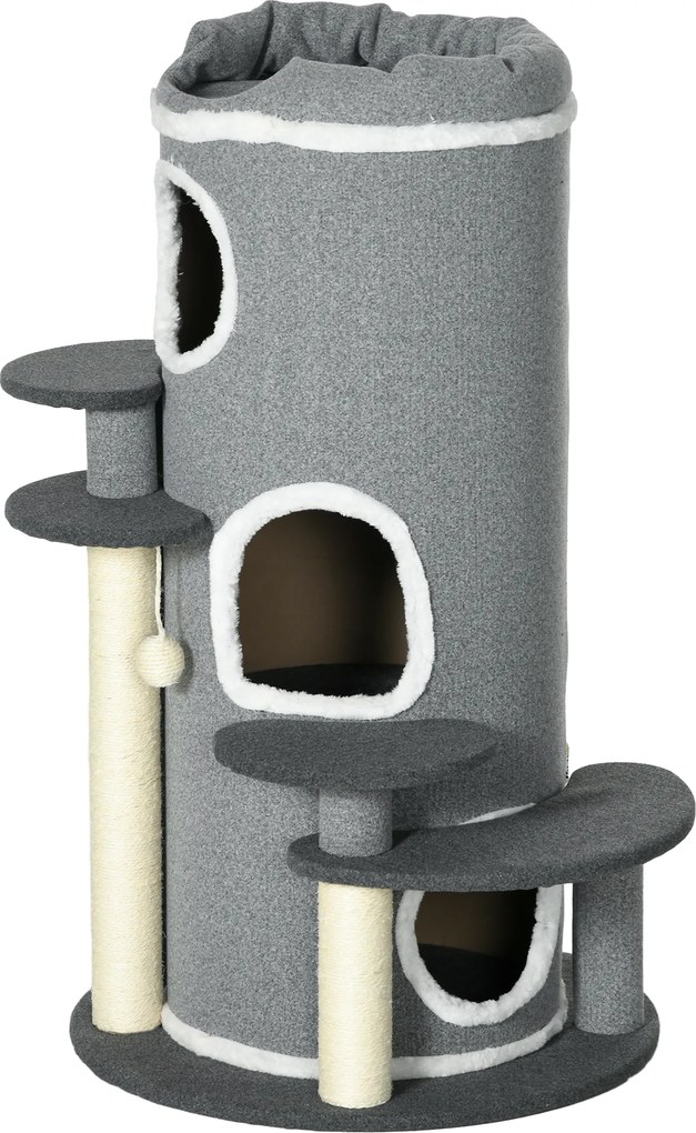 PawHut Drapak dla Kota, 2 Kocie Jaskinie, 4 Platformy, 4 Słupy do Drapania, 57 cm x 57 cm x 99 cm, Szary + Biały