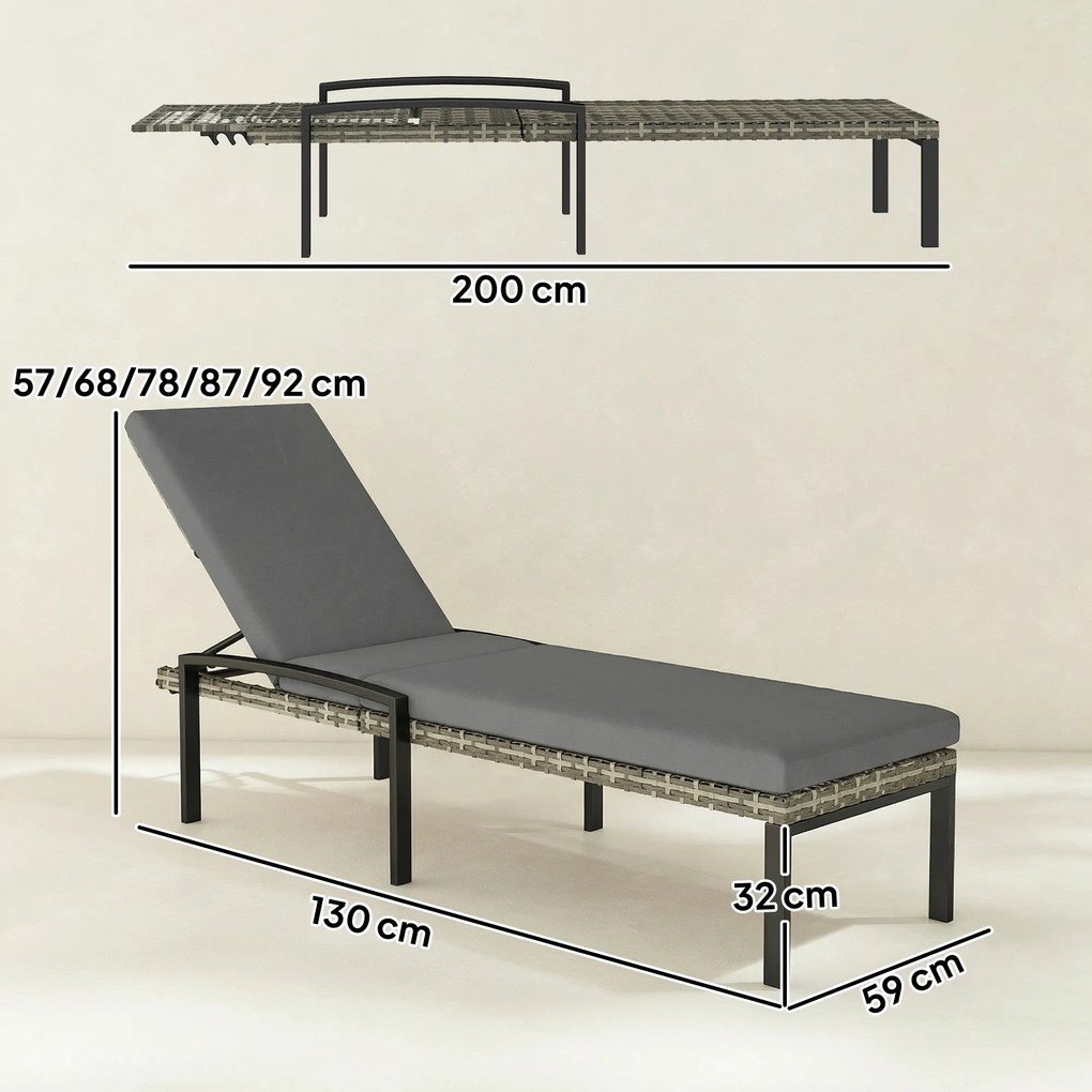 Outsunny Zestaw 2 rattanowych leżaków ogrodowych z 5-stopniowym regulowanym oparciem, do 120 kg, jasnoszary | Aosom PL