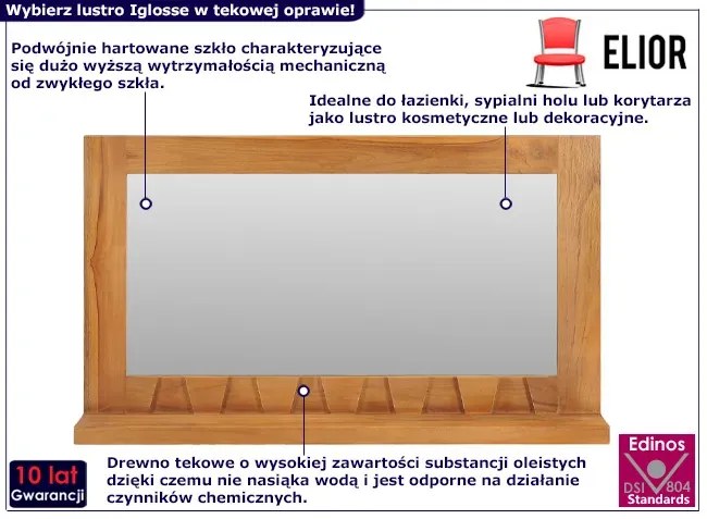 Prostokątne lustro z półką i ramą z drewna tekowego - Iglosse